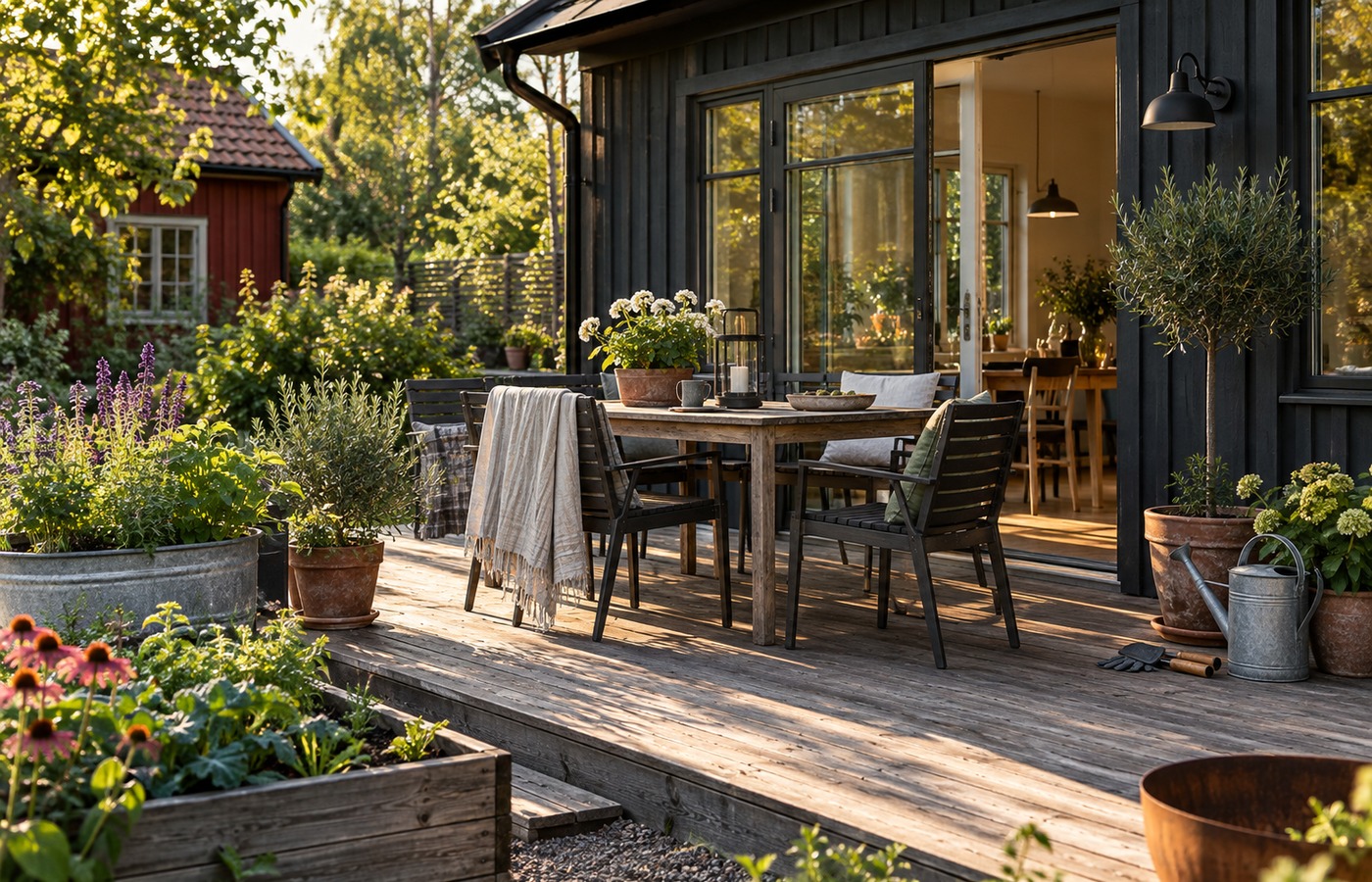 Grönskande trädgård med buskar, perenner och krukväxter